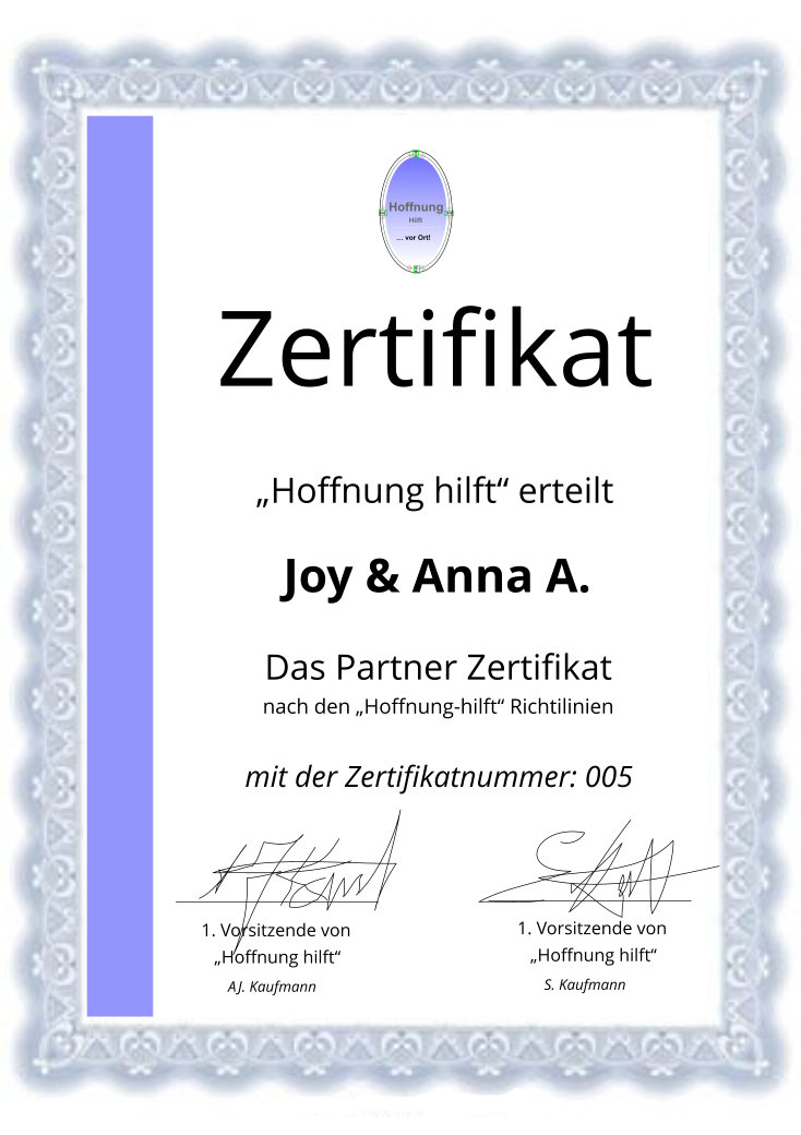 Foto mit Partner-Zertifikat Das Hoffnung-hilft Partner Zertifikat
