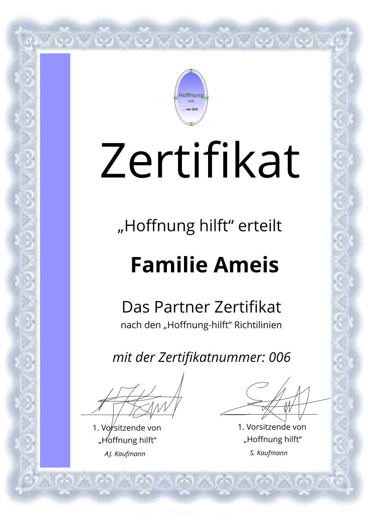 Foto mit Partner-Zertifikat Das Hoffnung-hilft Partner Zertifikat